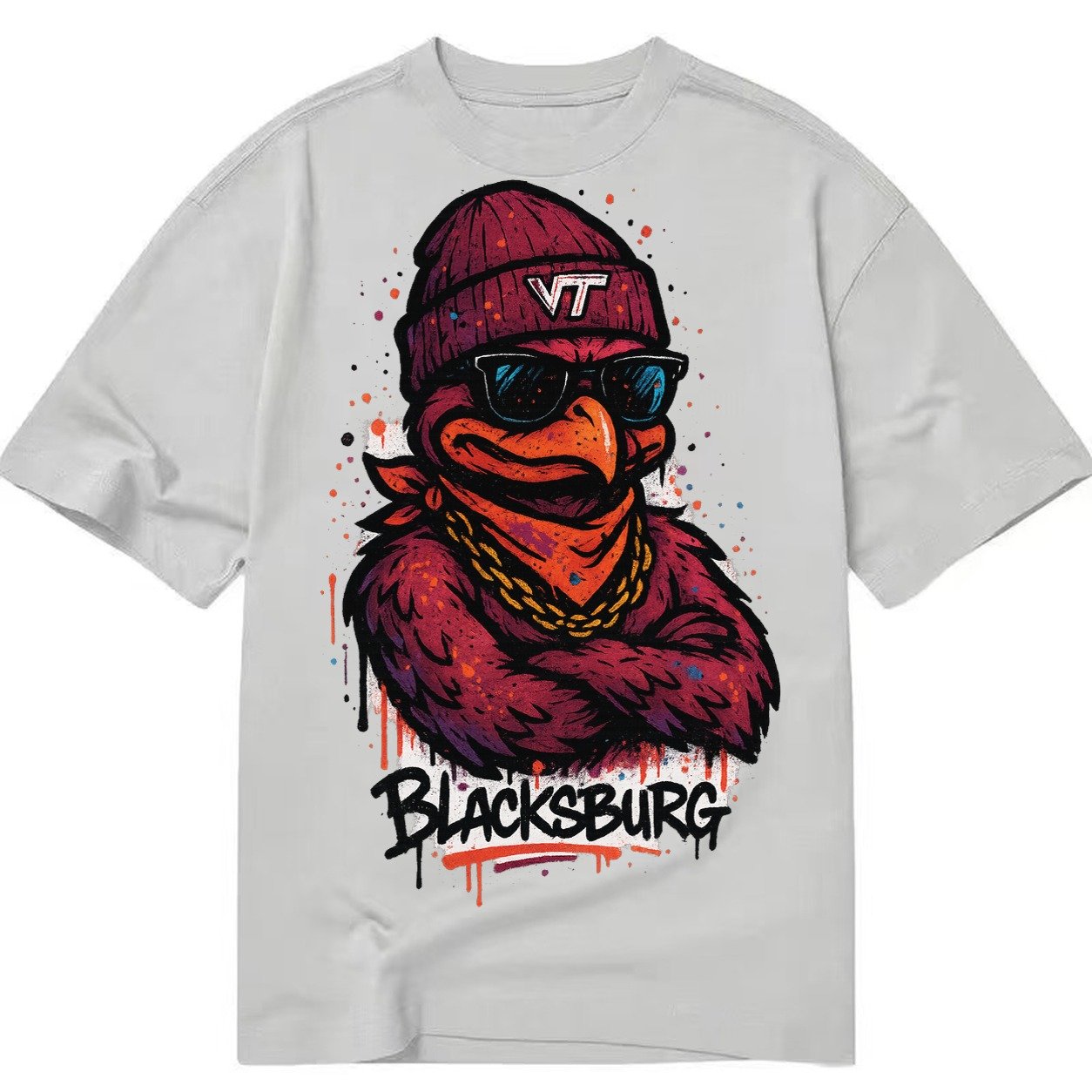 Blacksburg Hokiebird Wearing Virginia Tech Beanie With Vt Pa Classic T-shirt – Grey