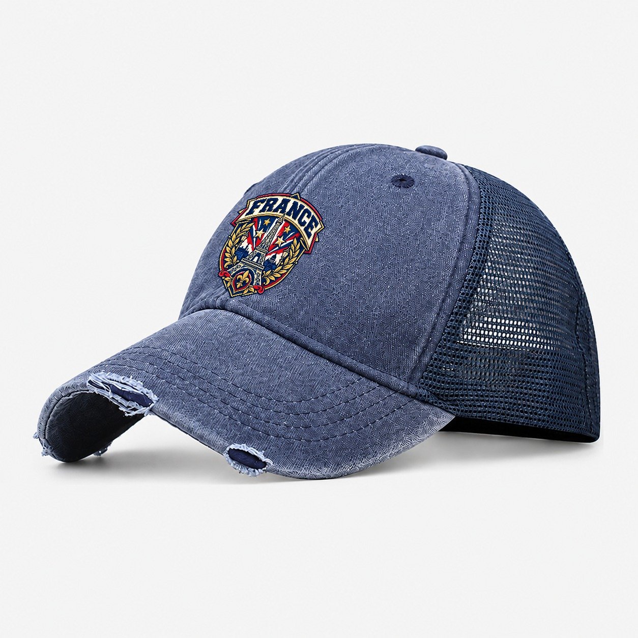 France Retro Badge Country Logos Washed Trucker Hat – Navy