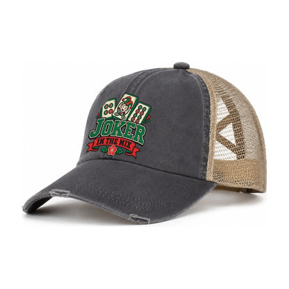 Joker In The Mix Mahjong Game Night Women's Ponytail Trucker Hat – Charcoal Khaki