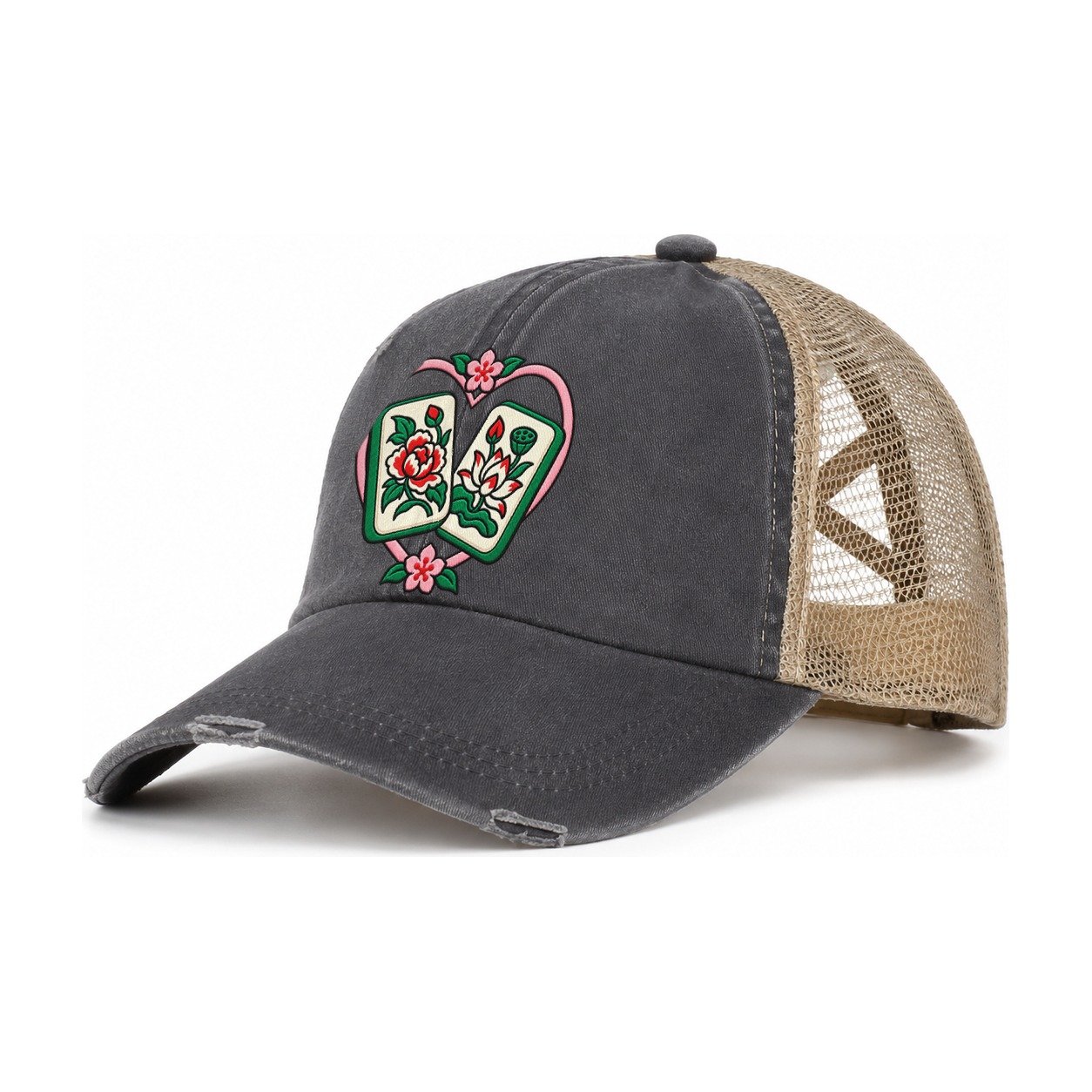 Lucky Pair Mahjong Game Night Women's Ponytail Trucker Hat – Charcoal Khaki