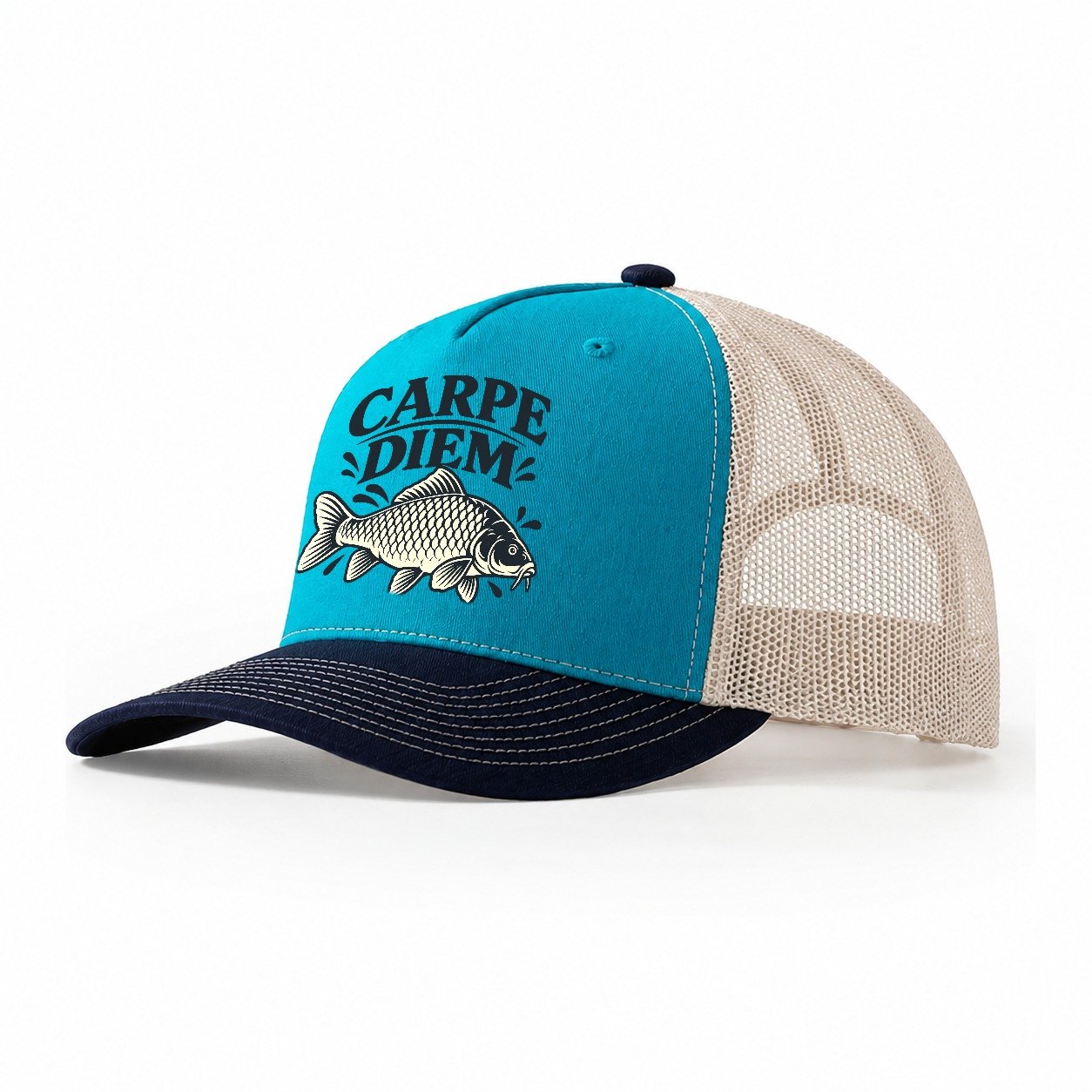 Carpe Diem Carp Fishing Elegant Trucker Hat – Teal Navy