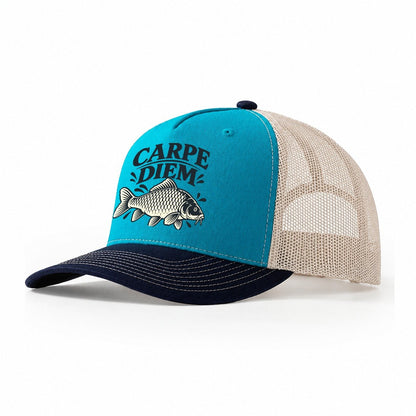 Carpe Diem Carp Fishing Elegant Trucker Hat – Teal Navy