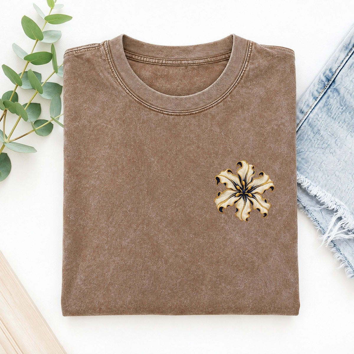 Nerine Petal Ribbons Left Chest Vintage T-shirt – Brown
