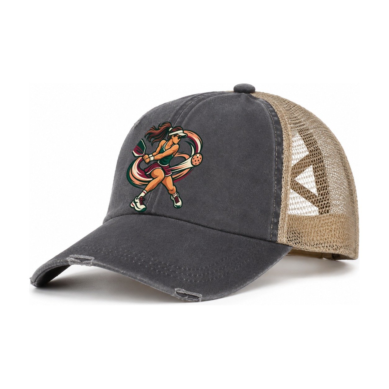 Backhand Winner Pickleball Life Women's Ponytail Trucker Hat – Charcoal Khaki