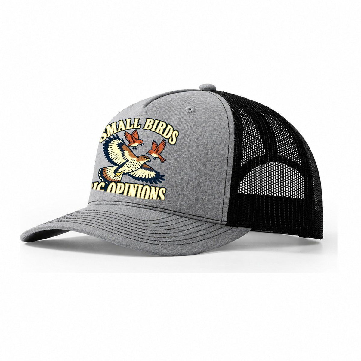 Small Birds Big Opinions Birdwatching Trucker Hat – Sport Grey Black