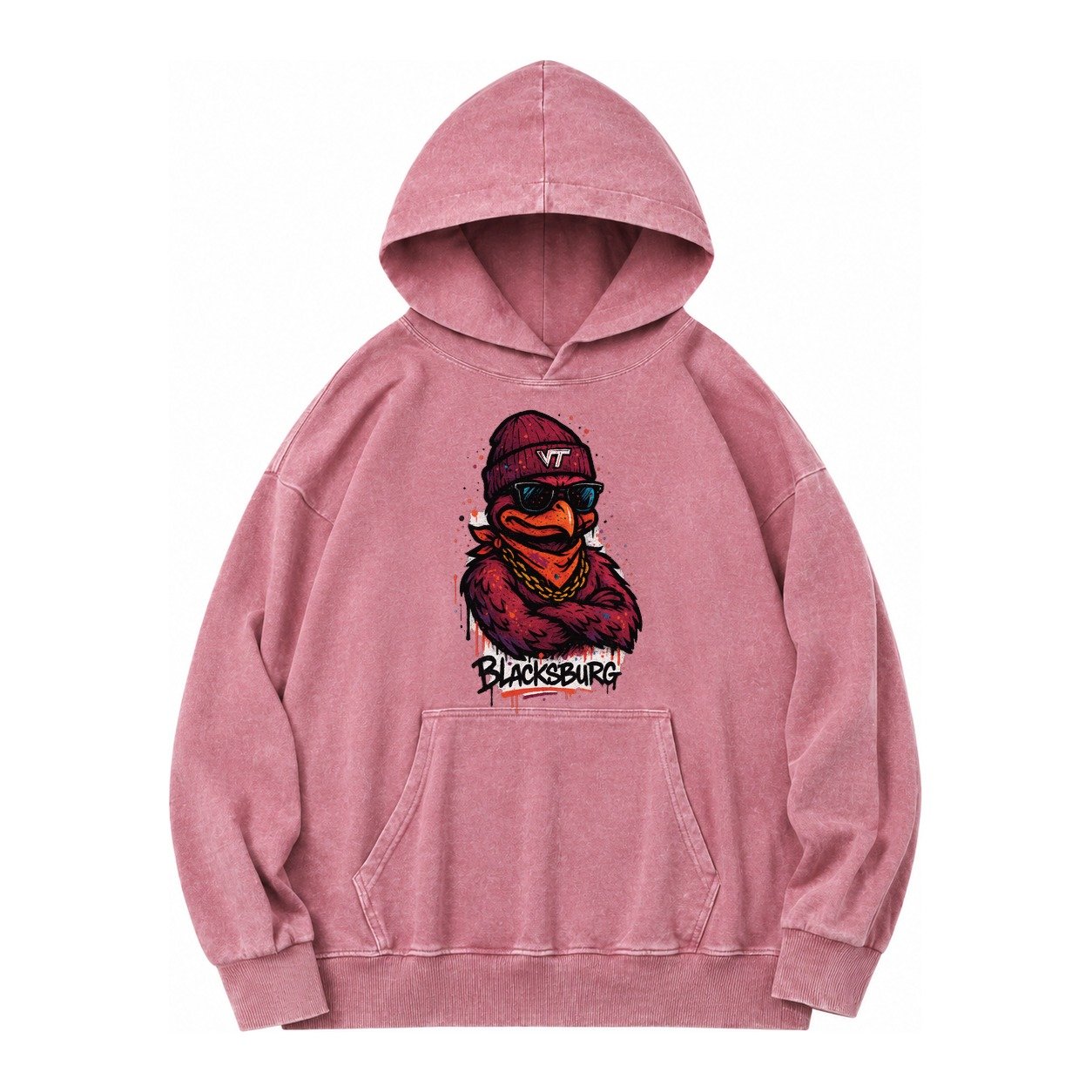Blacksburg Hokiebird Wearing Virginia Tech Beanie With Vt Pa Vintage Washed Hoodie – Dusty Rose