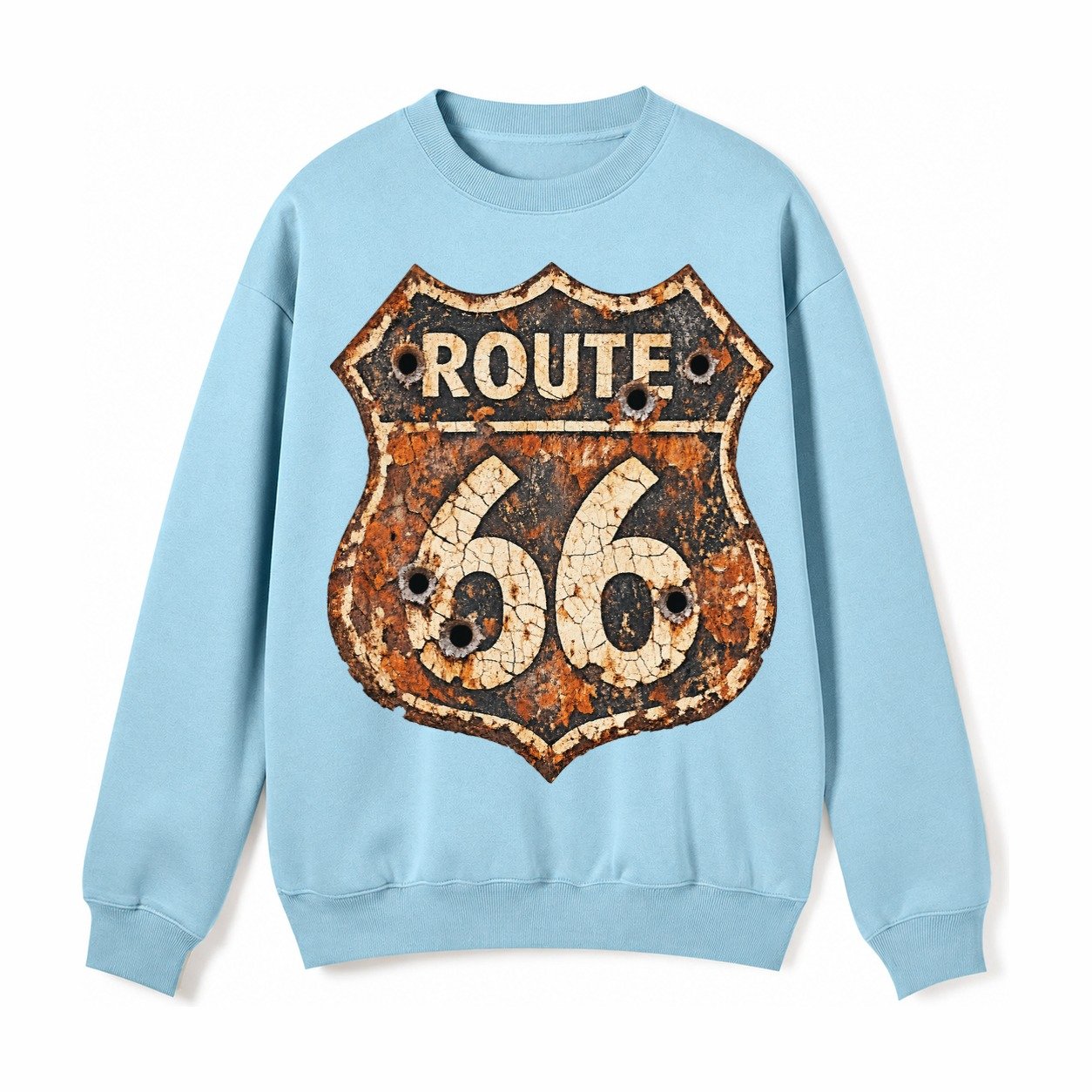 Weathered Marker Rust Aged Route 66 Sign Desert Sun Bleached Fleece Sweatshirt – Light Blue