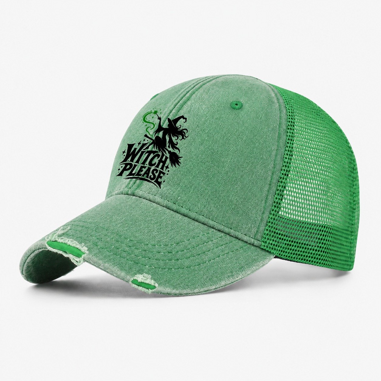 Witch Please Slogan Witch Magic Washed Trucker Hat – Ink Green
