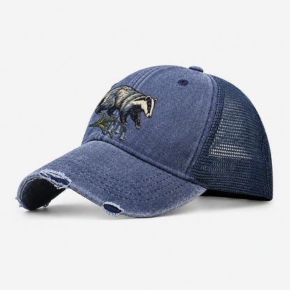 British Badger With Bluebell Sprig Uk Culture Heritage Washed Trucker Hat – Navy