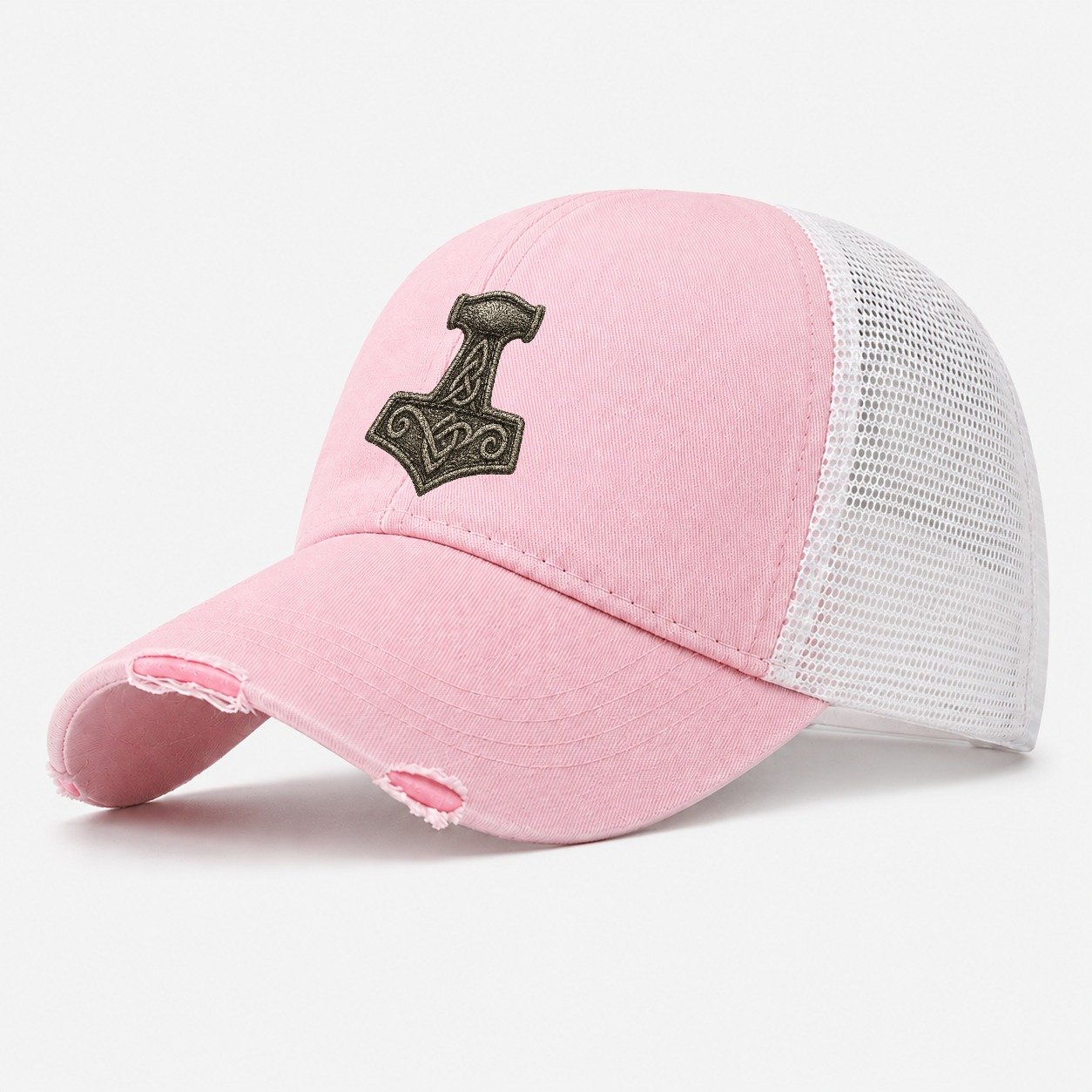 Mjolnir Thors Hammer Silver Thread Norse Protection Washed Trucker Hat – Light Pink