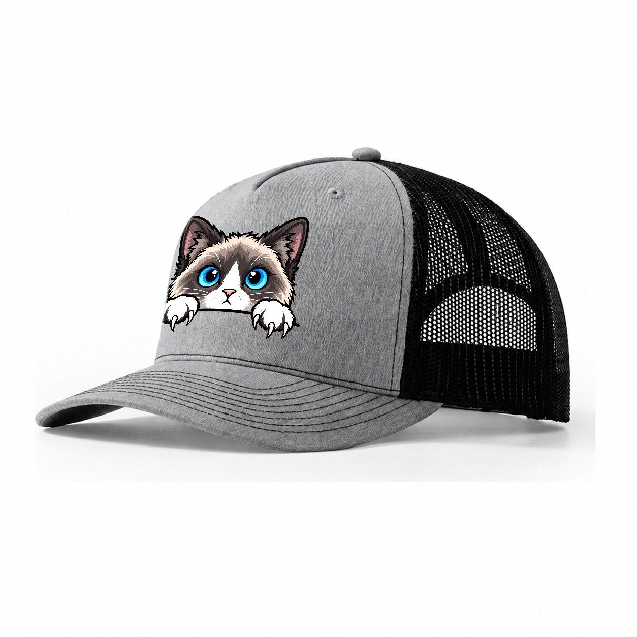 Snowshoe Cat Peeking Peeking Cats Trucker Hat – Sport Grey Black