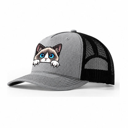 Snowshoe Cat Peeking Peeking Cats Trucker Hat – Sport Grey Black