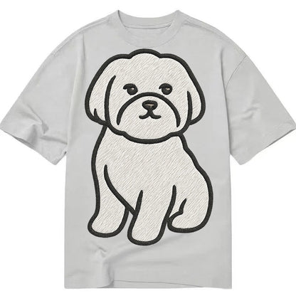 Maltese Pure White Fluffy Embroidered Design Classic T-shirt – Grey