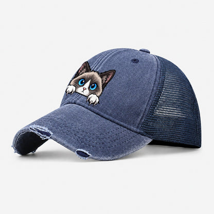 Snowshoe Cat Peeking Peeking Cats Washed Trucker Hat – Navy