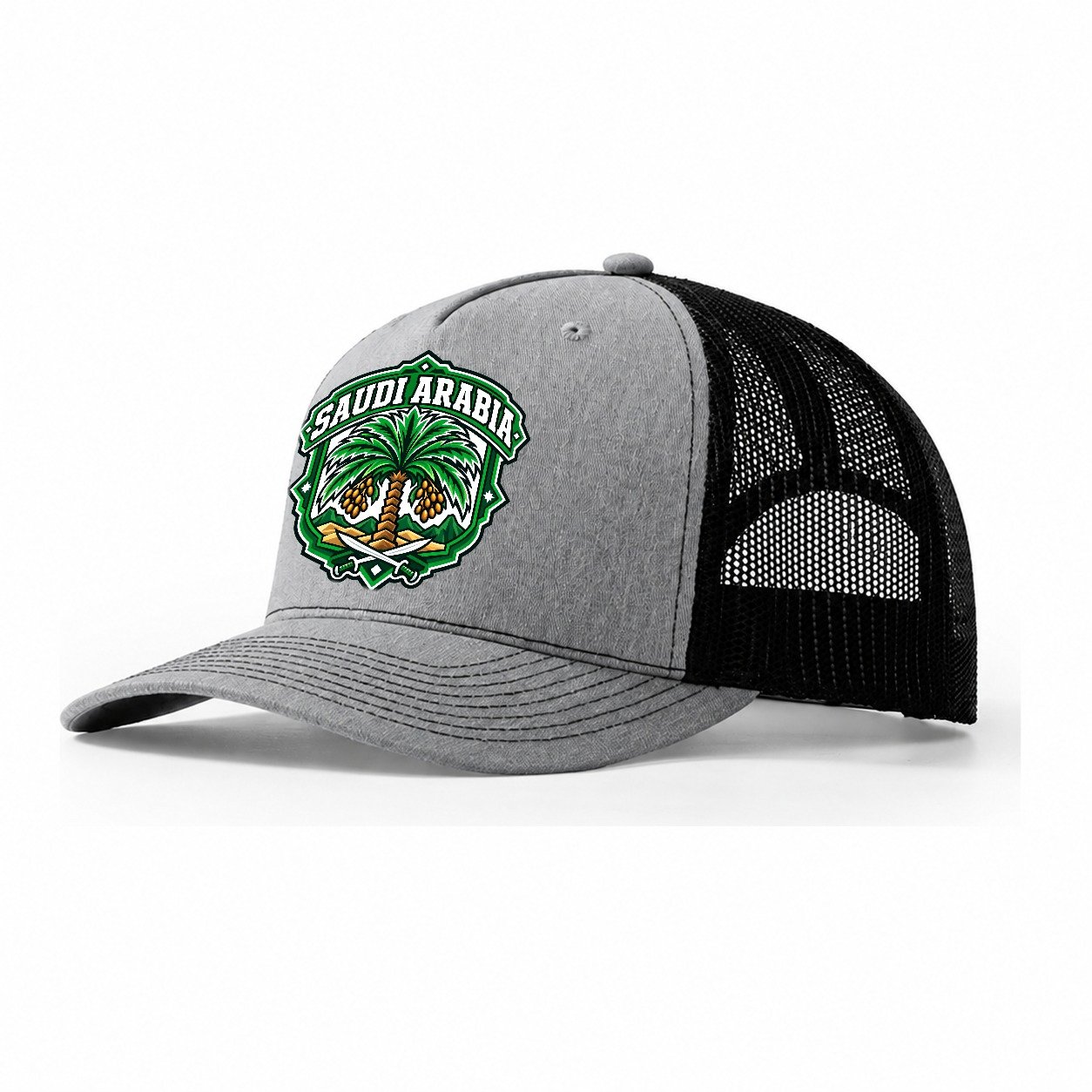 Saudi Arabia Retro Badge Country Logos Trucker Hat – Sport Grey Black