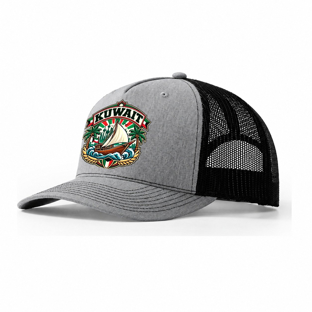 Kuwait Retro Badge Country Logos Trucker Hat – Sport Grey Black