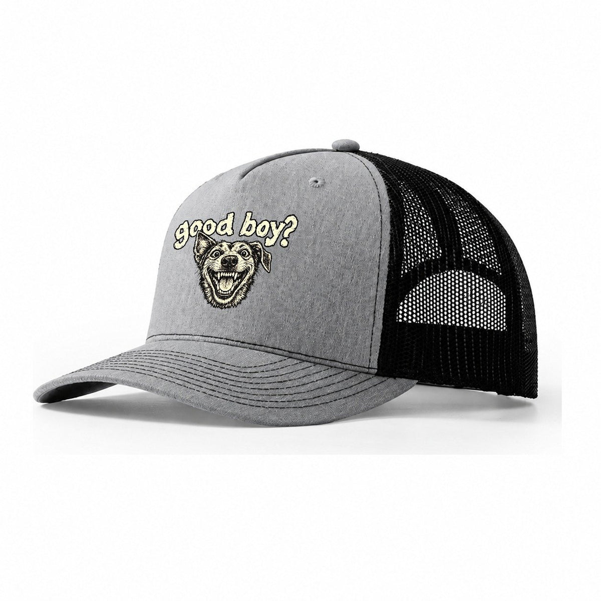 A Wide Eyed Feral Mongrel Head Grinning Straight At The Viewer Bark For Me Trucker Hat – Sport Grey Black