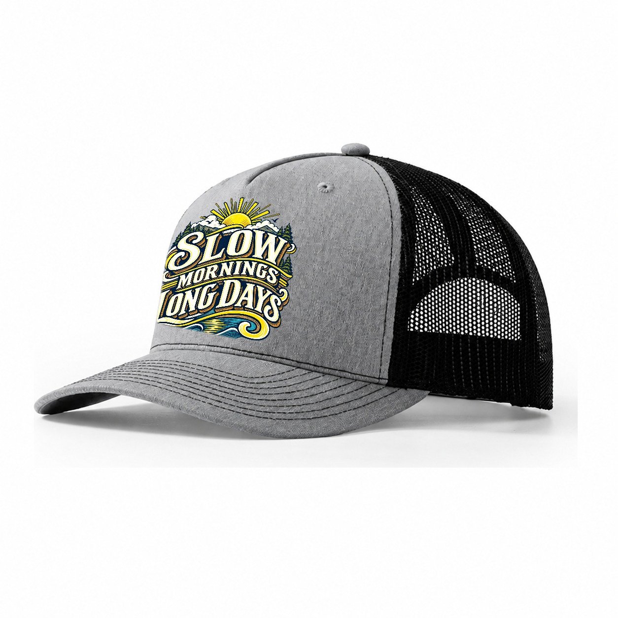 Slow Mornings Long Days Retired Living Trucker Hat – Sport Grey Black