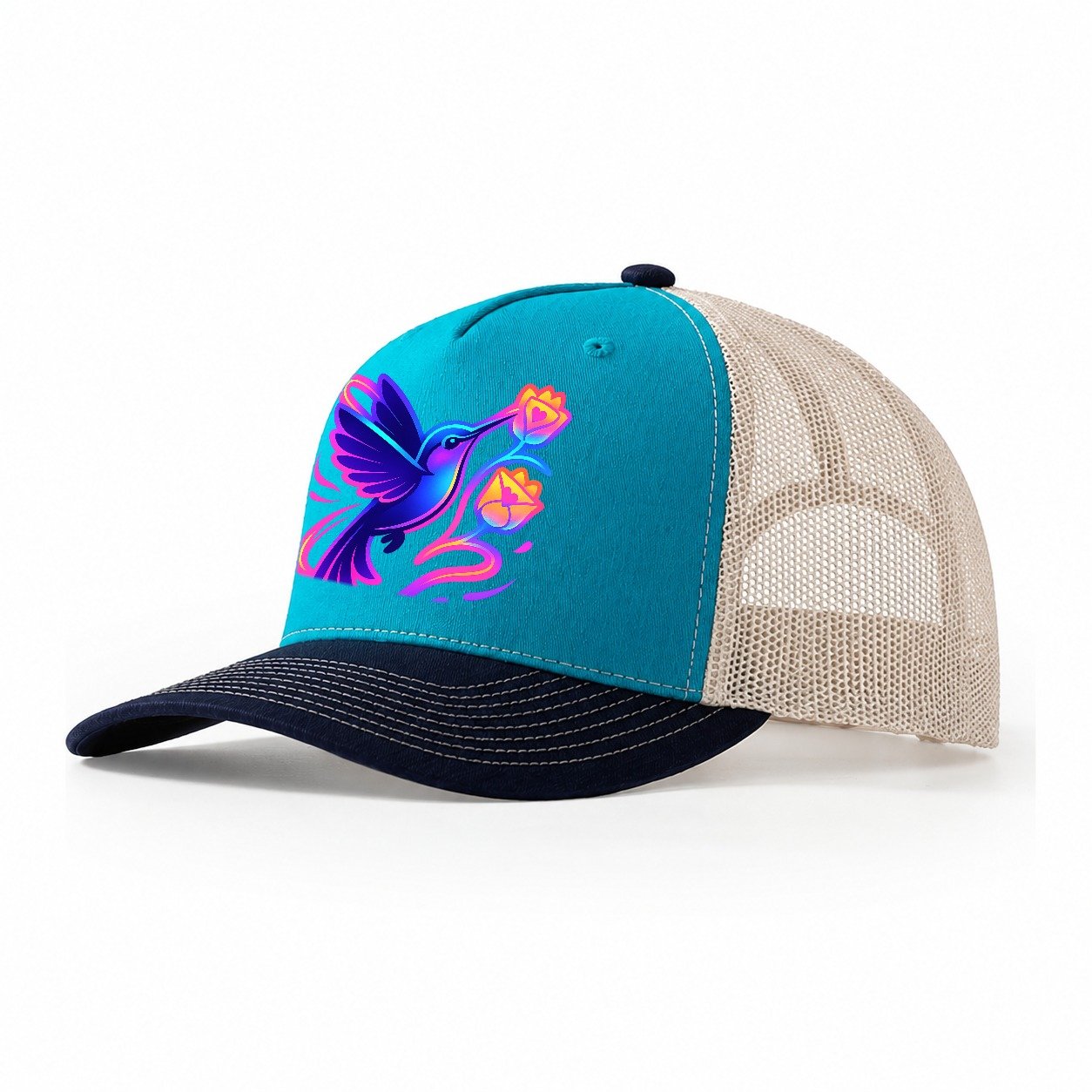Hummingbird Delivering Miniature Love Letters Tucked Inside Trucker Hat – Teal-Navy