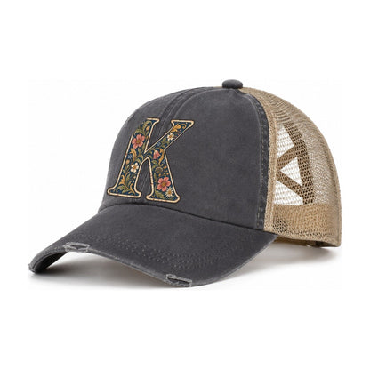 Wildflower K Monogram Women's Ponytail Trucker Hat – Charcoal Khaki