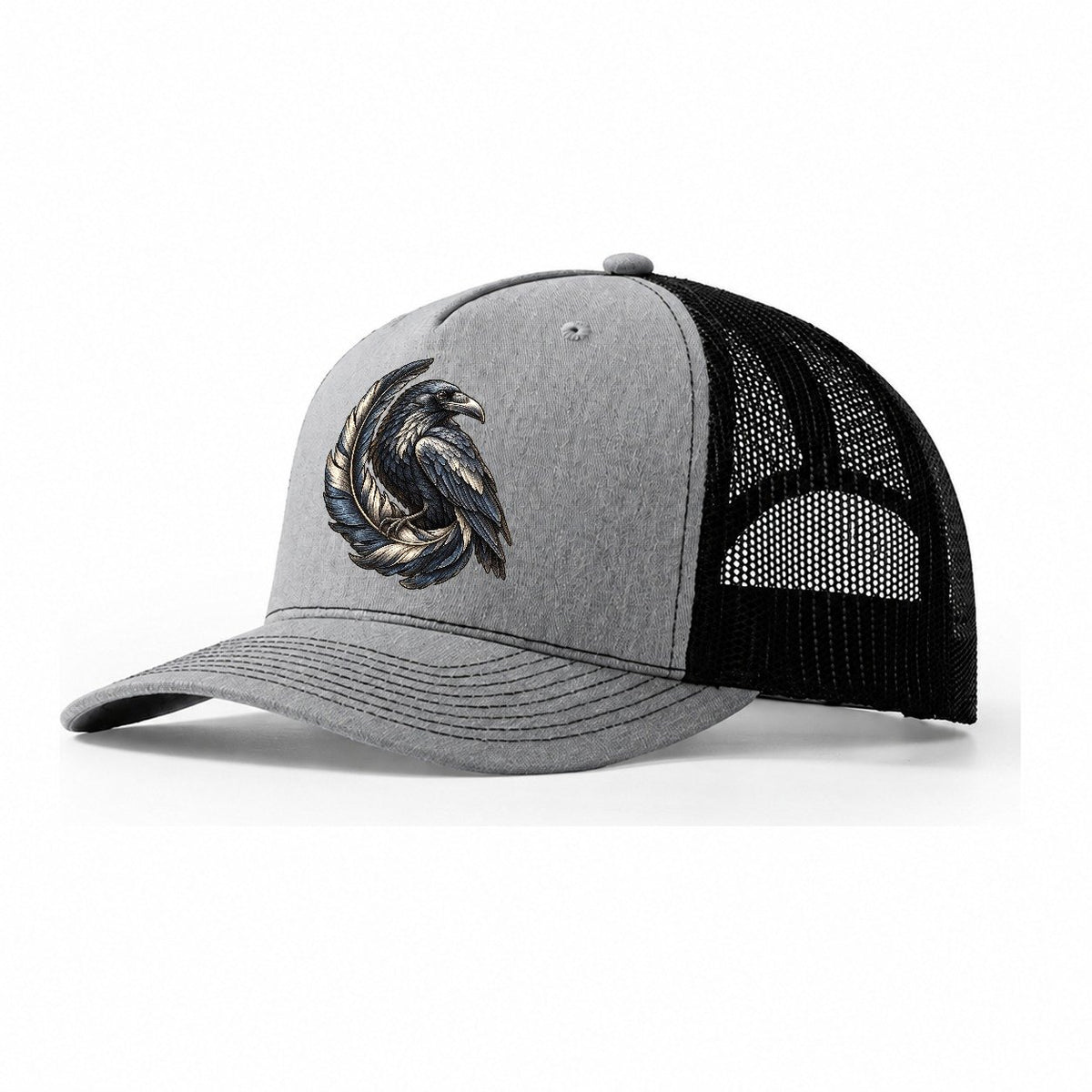 Raven Feather Spiral Everyday Originals Trucker Hat – Sport Grey Black