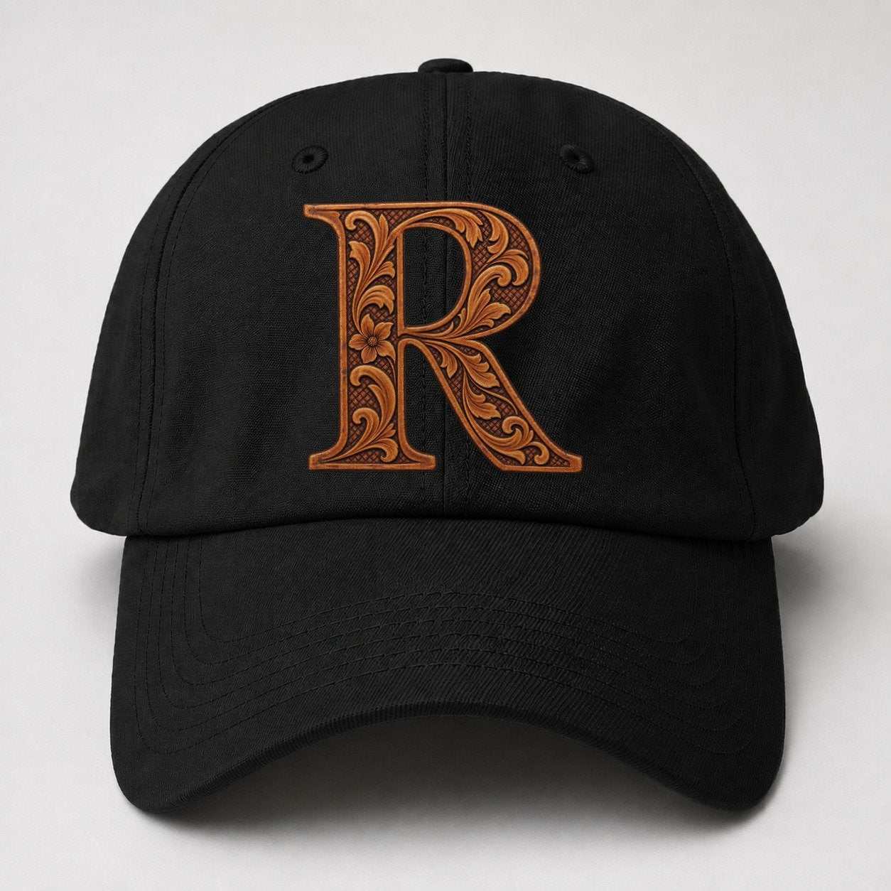 Tooled Leather R Monogram Baseball Cap – Black