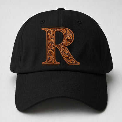 Tooled Leather R Monogram Baseball Cap – Black