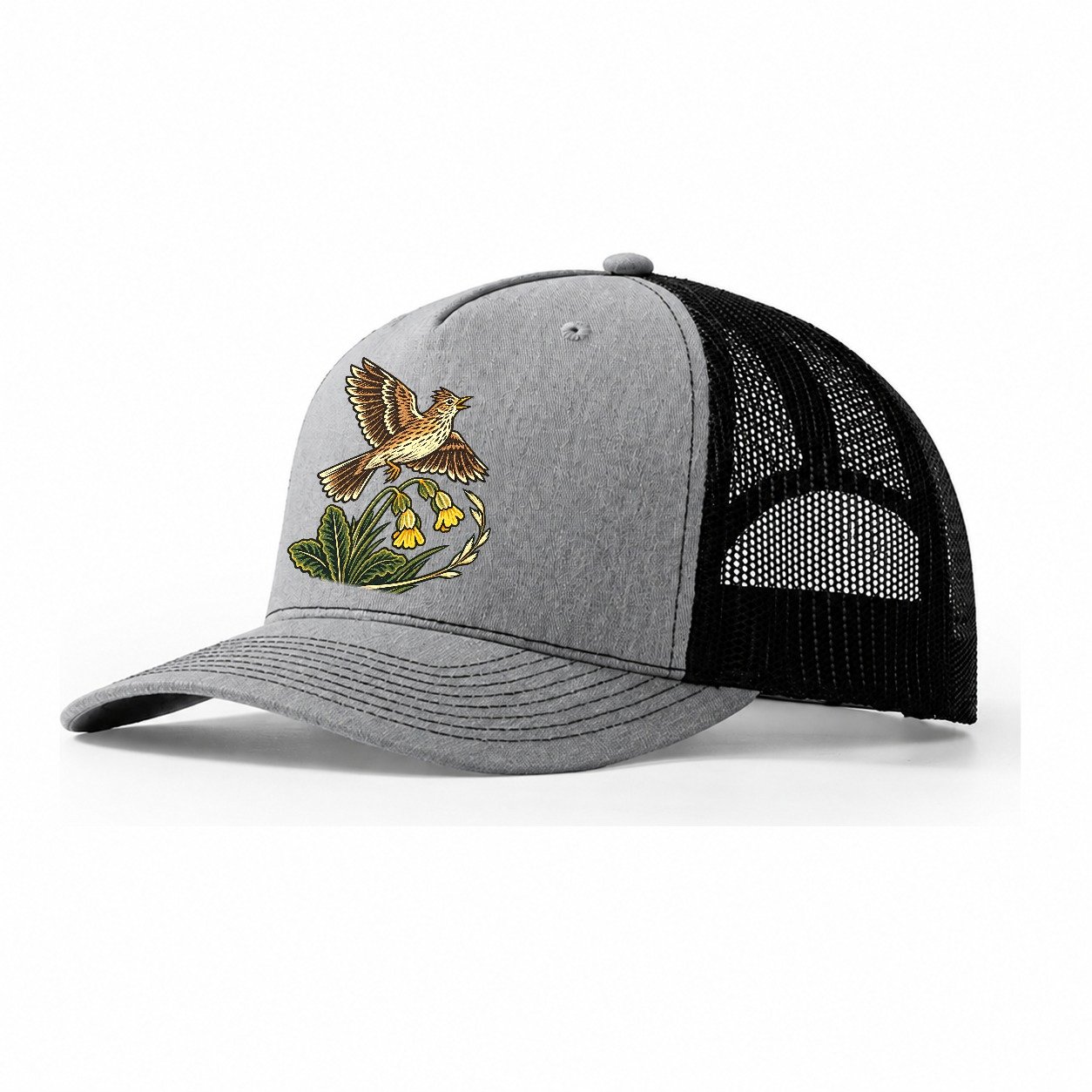South Downs Skylark And Cowslip Uk Culture Heritage Trucker Hat – Sport Grey Black