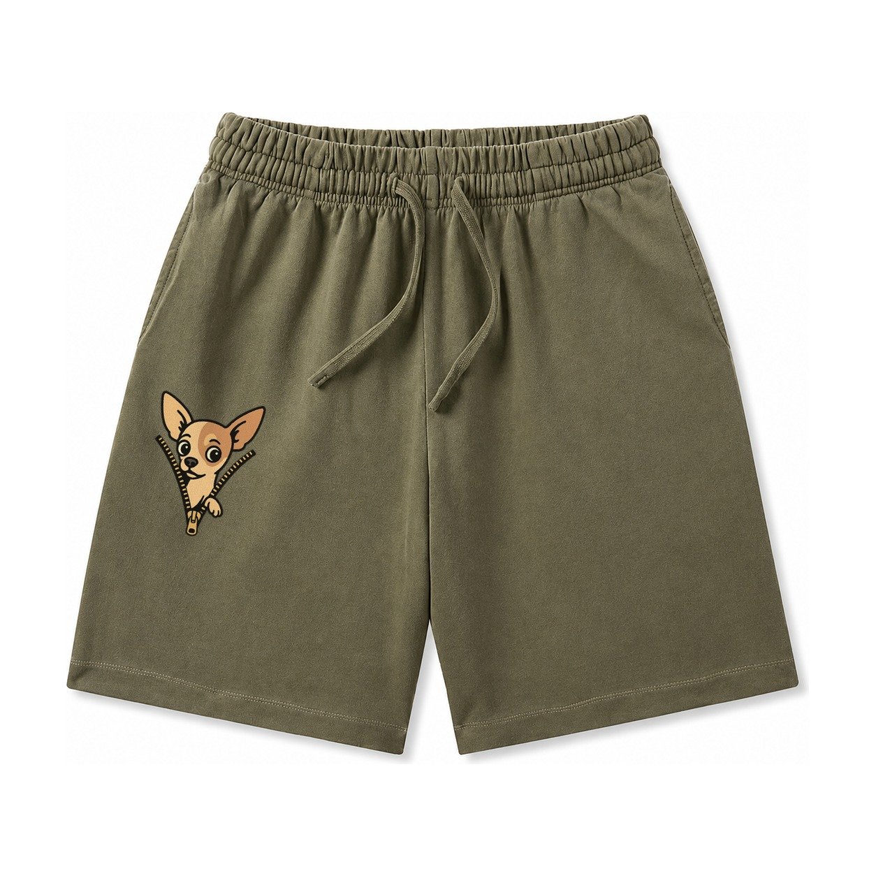 Chihuahua Apple Head Large Pointed Ears Big Round Eyes Tiny Washed Shorts – Army Green