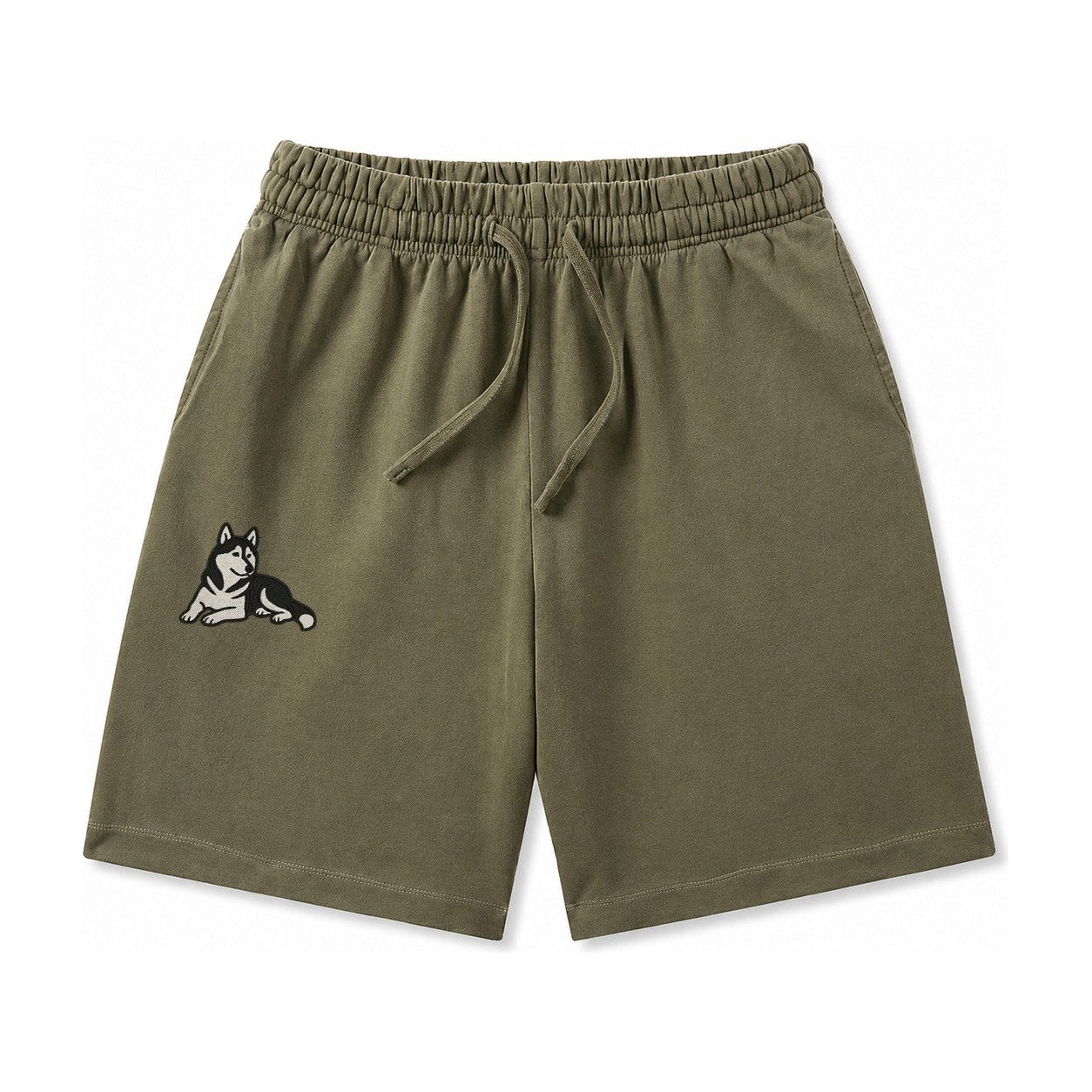 Siberian Husky Black And White Relaxed Lying Down With Head Washed Shorts – Army Green