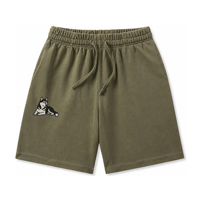Siberian Husky Black And White Relaxed Lying Down With Head Washed Shorts – Army Green