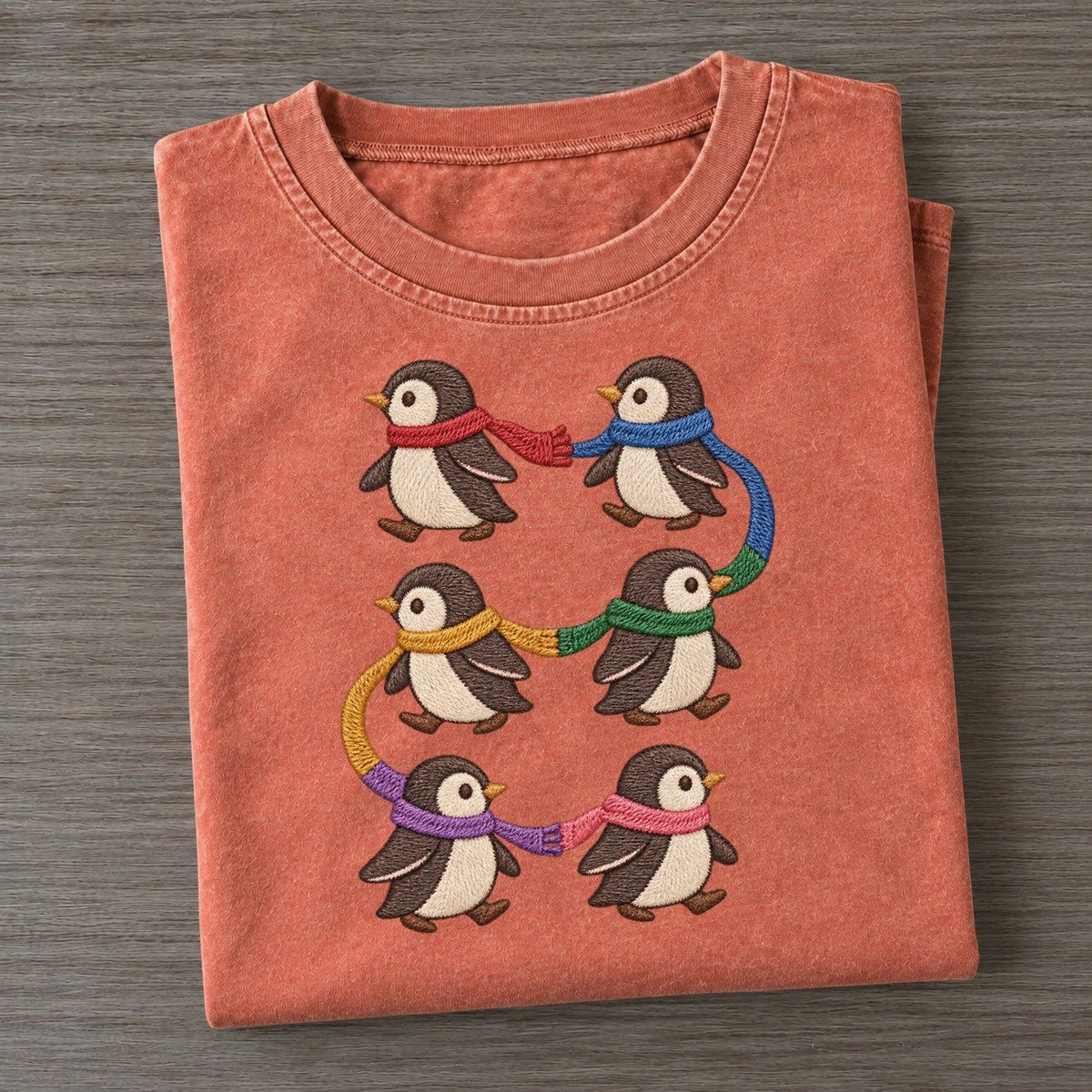 Penguins With Scarves Single File Vintage T-shirt – Terracotta