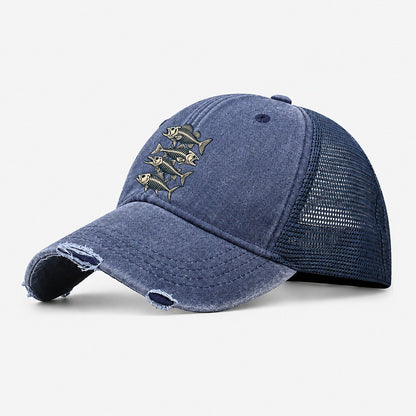 Fish Skeleton Minimal Fishing Elegant Washed Trucker Hat – Navy