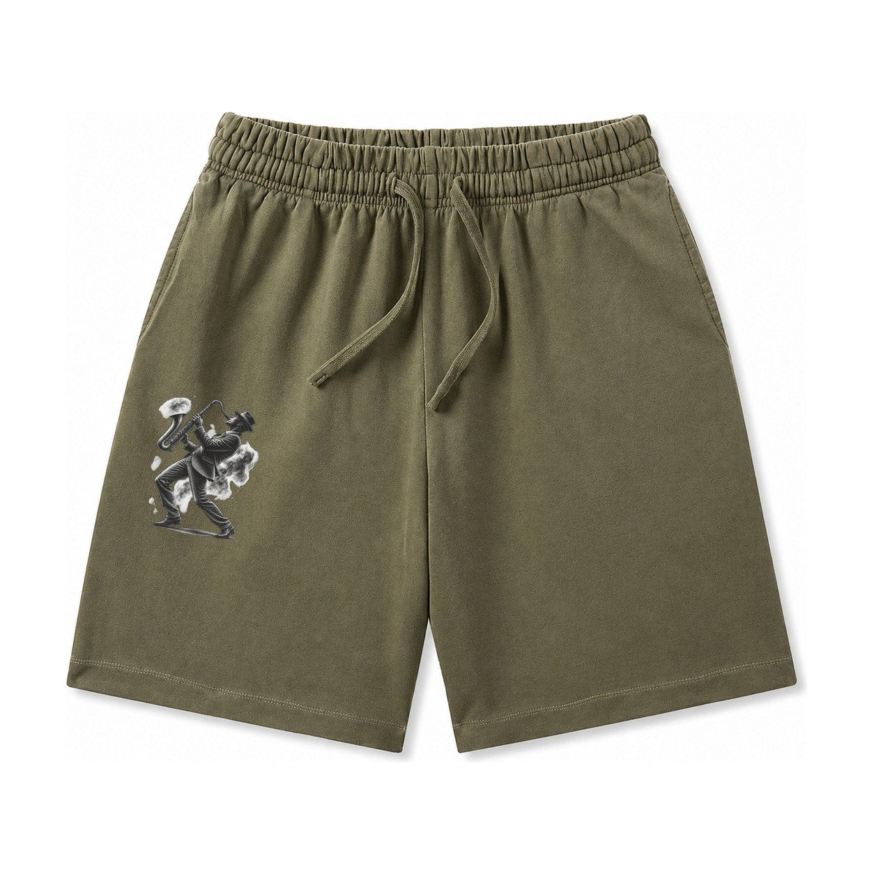 Saxophonist Playing Jazz In Smoky Room Washed Shorts – Army Green