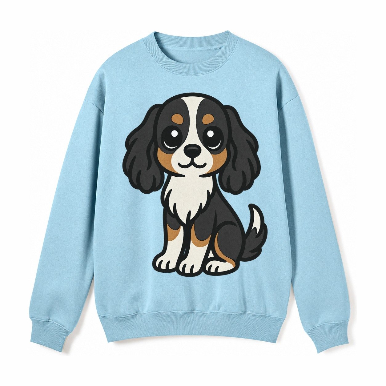 Cavalier King Charles Spaniel Tricolor Sitting Pose Portrait Fleece Sweatshirt – Light Blue