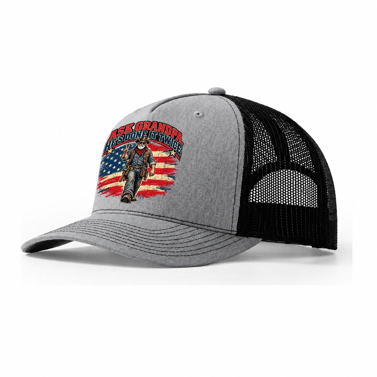 Ask Grandpa He S Done It Twice Old Man Strong Trucker Hat – Sport Grey Black