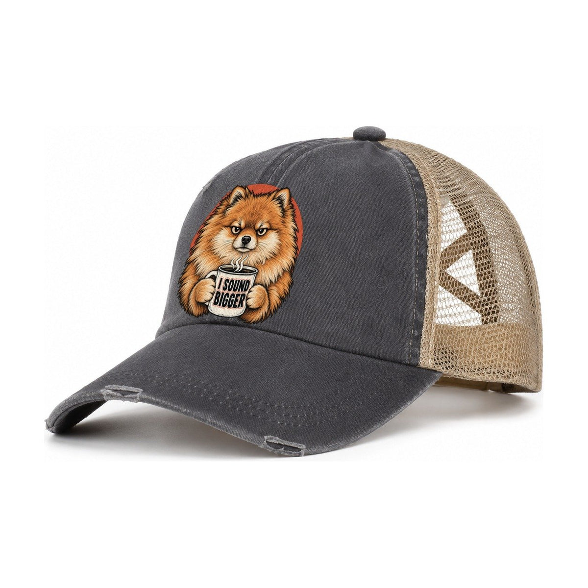Pomeranian Mug Truths Dog Mug Truths Women's Ponytail Trucker Hat – Charcoal Khaki