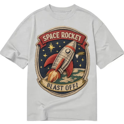 Embroidered Patch Design Retro Rocket 1950s Space Rocket In Classic T-shirt – Grey
