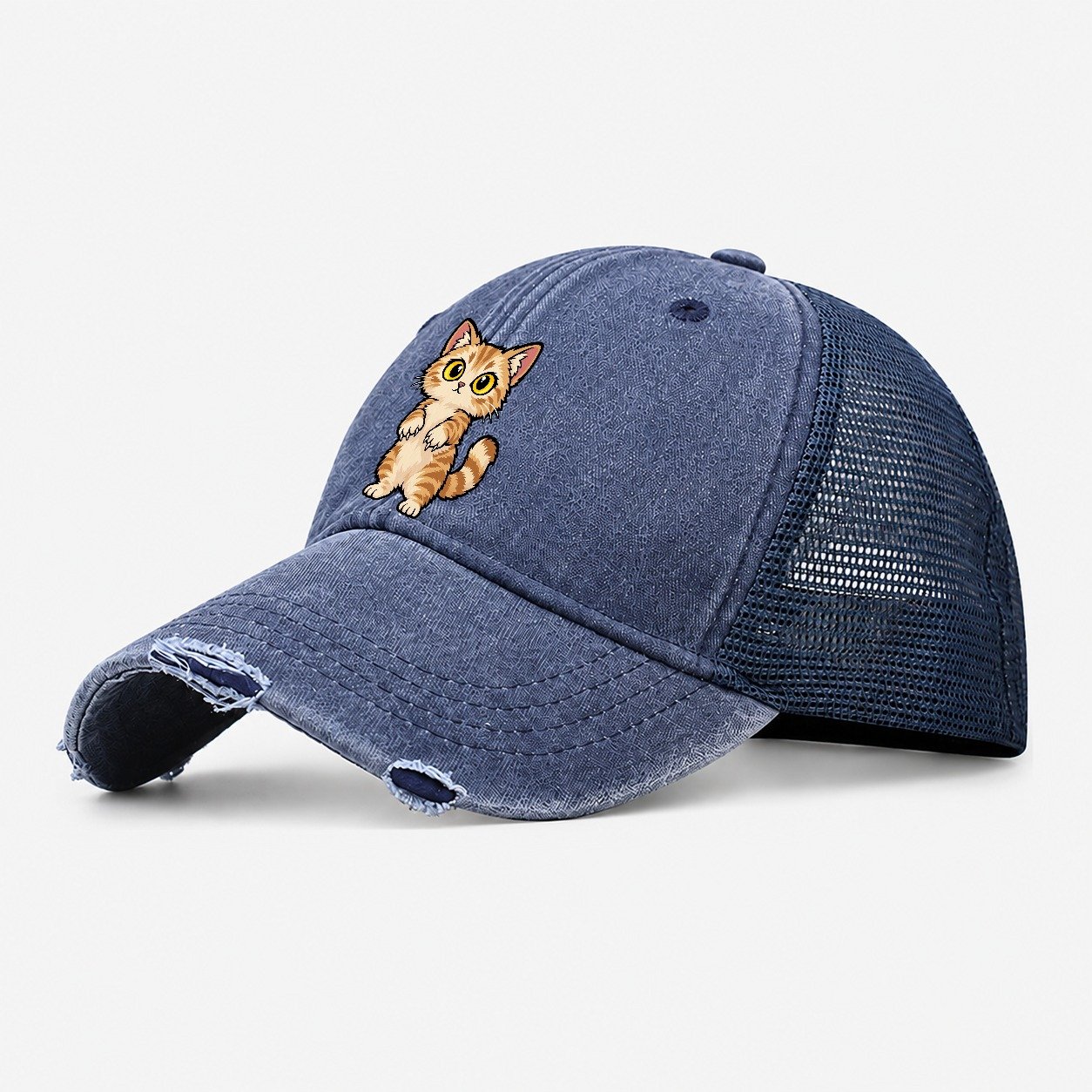 Munchkin Standing Up Peeking Cats Washed Trucker Hat – Navy