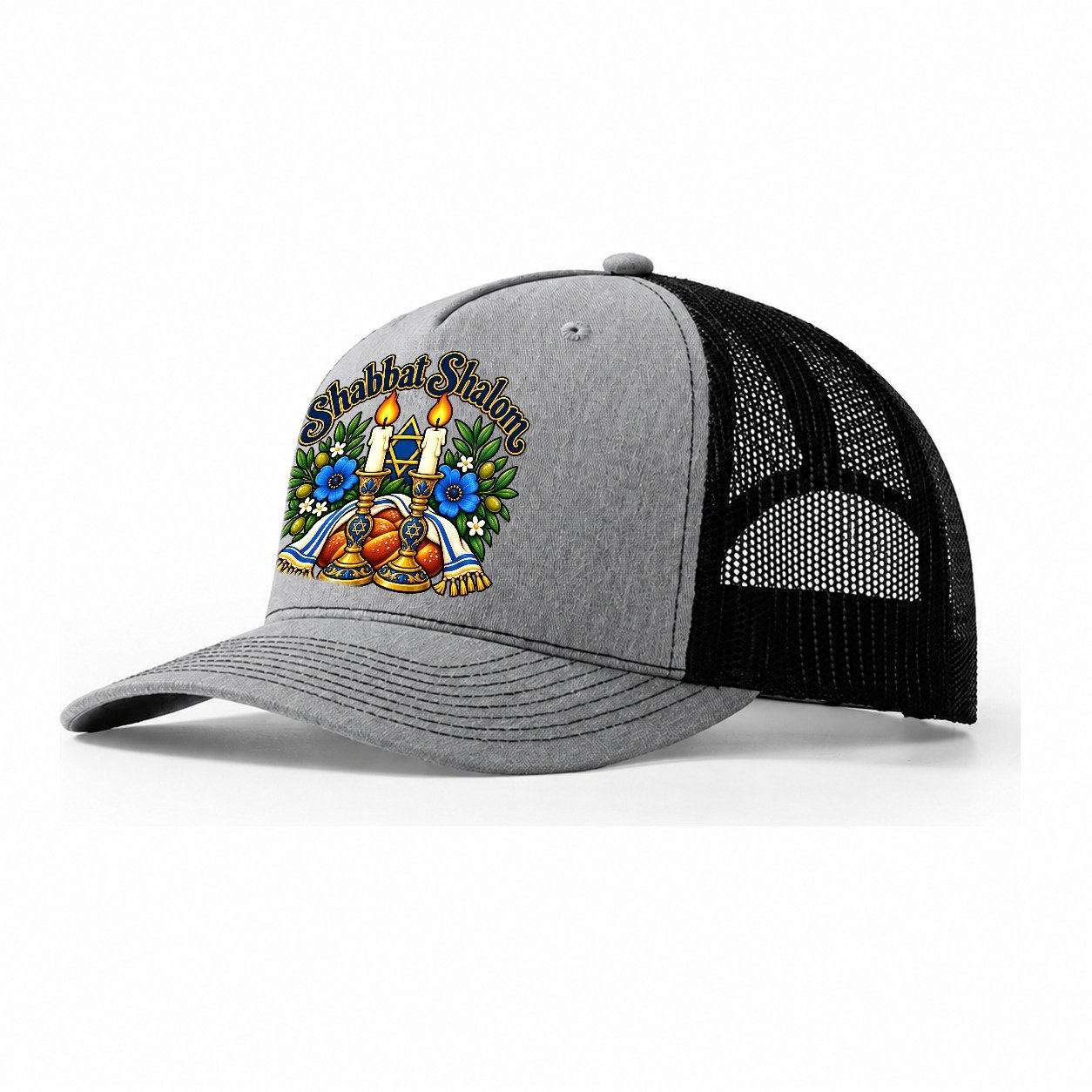 Shabbat Shalom Candles Judaism Heritage Trucker Hat – Sport Grey Black