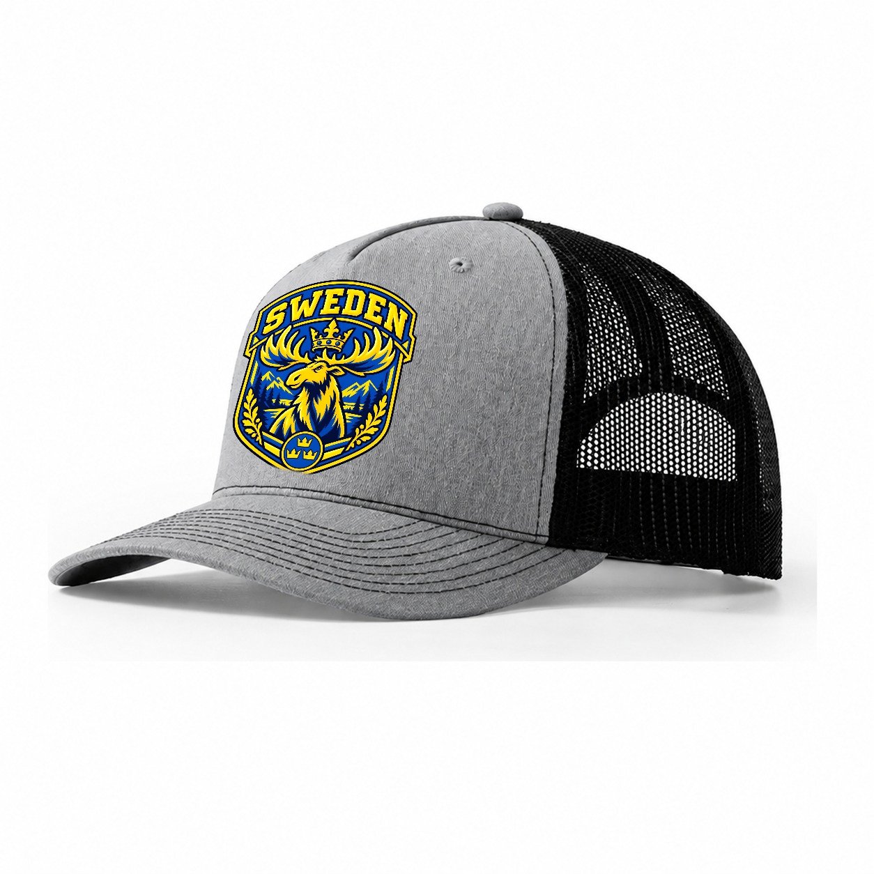Sweden Retro Badge Country Logos Trucker Hat – Sport Grey Black