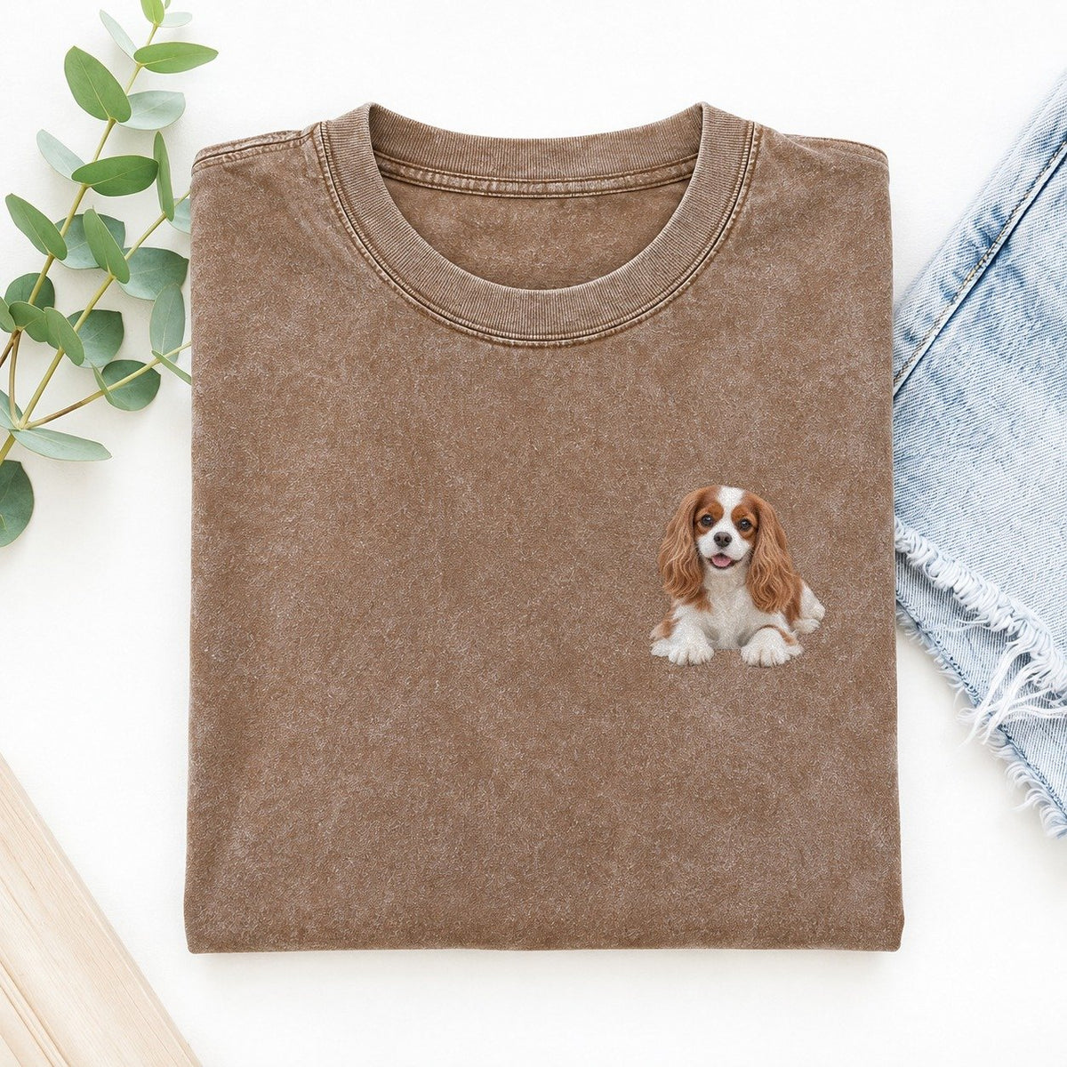 Cavalier Spaniel Lying Down Left Chest Vintage T-shirt – Brown