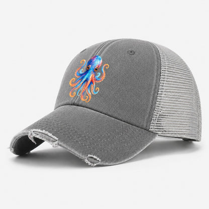 Octopus Cute Washed Trucker Hat – Grey