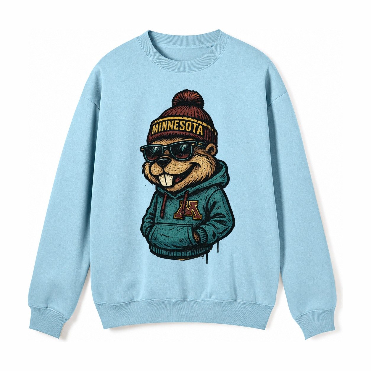 Minneapolis Gopher Wearing Minnesota Beanie With M Patch Fleece Sweatshirt – Light Blue