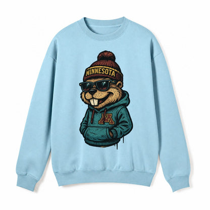 Minneapolis Gopher Wearing Minnesota Beanie With M Patch Fleece Sweatshirt – Light Blue