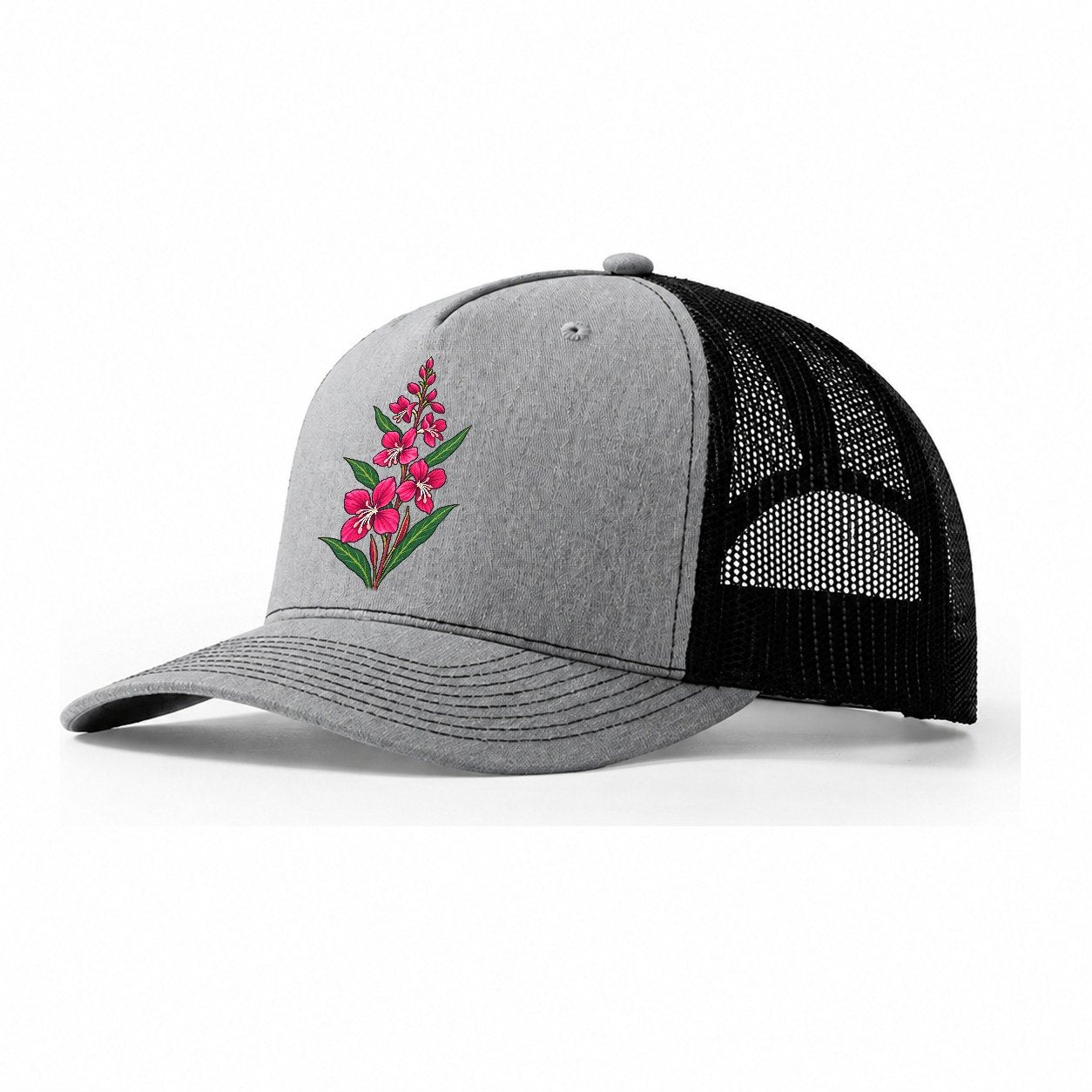 Yukon Fireweed Spike Canada Cultural Icons Trucker Hat – Sport Grey Black