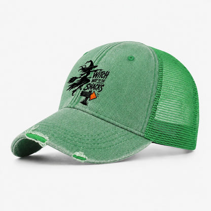 Witch Way To The Snacks Slogan Witch Magic Washed Trucker Hat – Ink Green