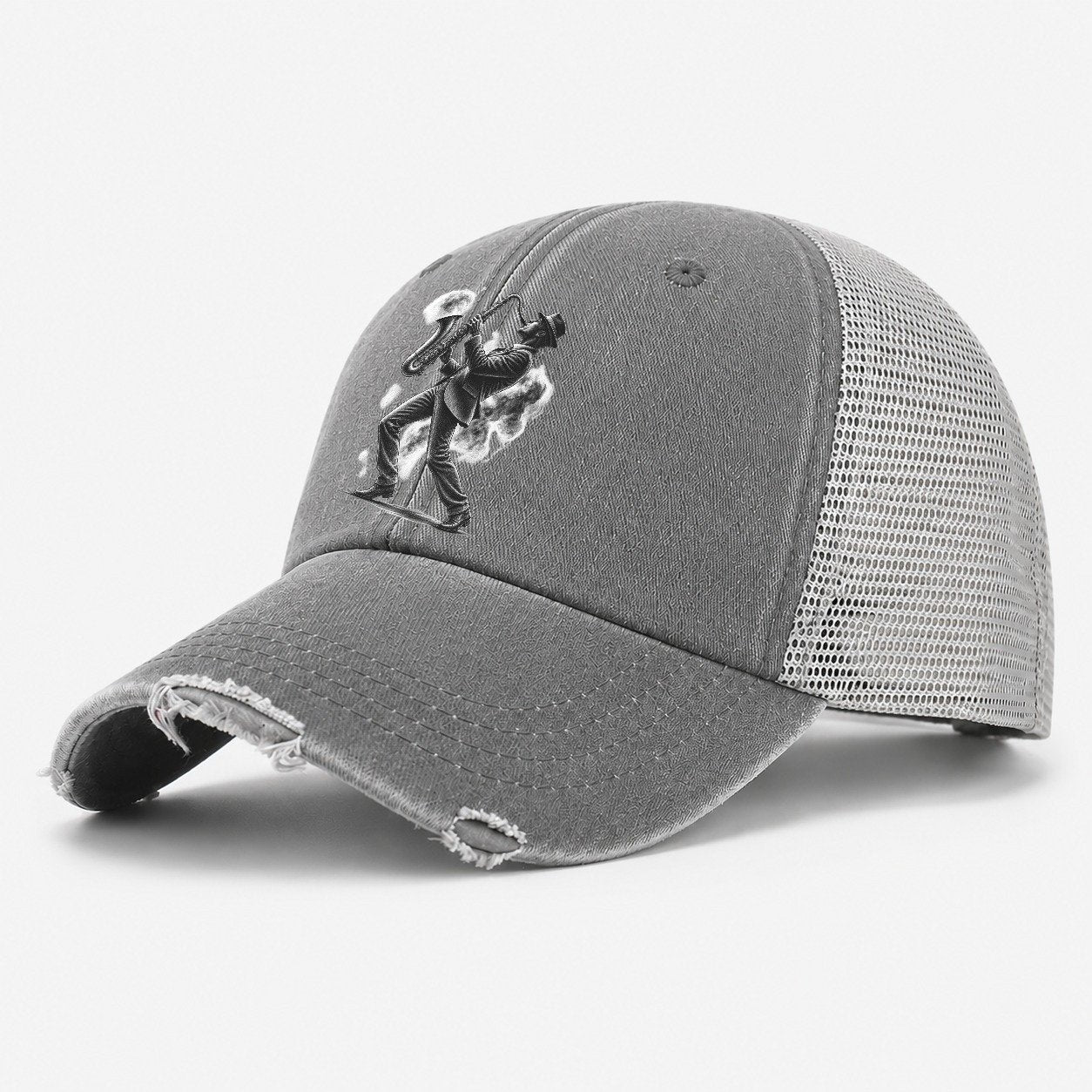 Saxophonist Playing Jazz In Smoky Room Washed Trucker Hat – Grey