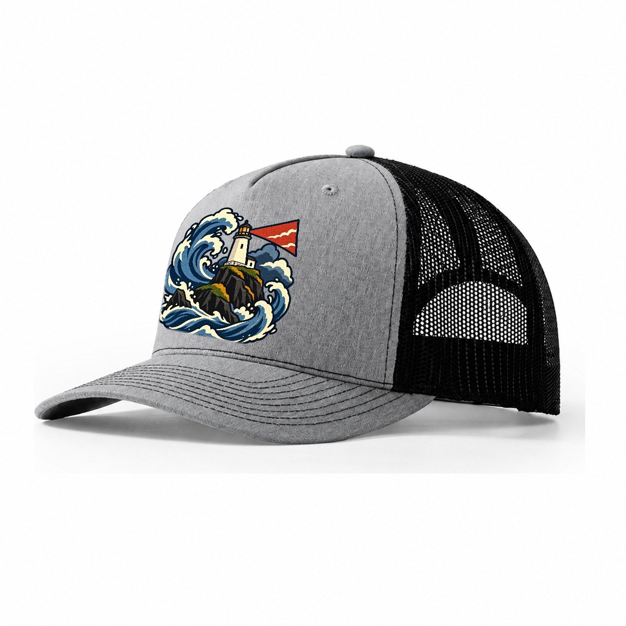 Hebridean Lighthouse And Storm Wave Uk Culture Heritage Trucker Hat – Sport Grey Black