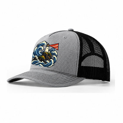 Hebridean Lighthouse And Storm Wave Uk Culture Heritage Trucker Hat – Sport Grey Black
